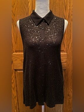 I.N.C. Sleeveless Button Down Top; Deep Black W/Black Beaded Front; Sz Small;NWT